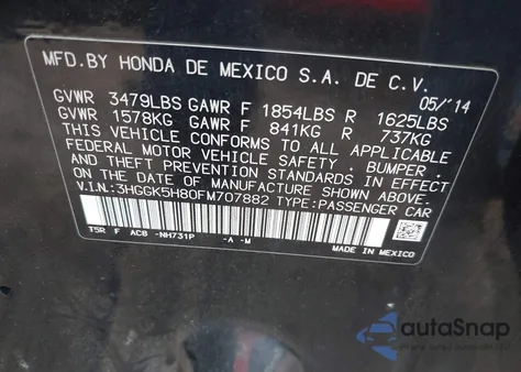 2015 Honda Fit Ex/Ex-L из США, поврежденный, VIN 3HGGK5H80FM707882